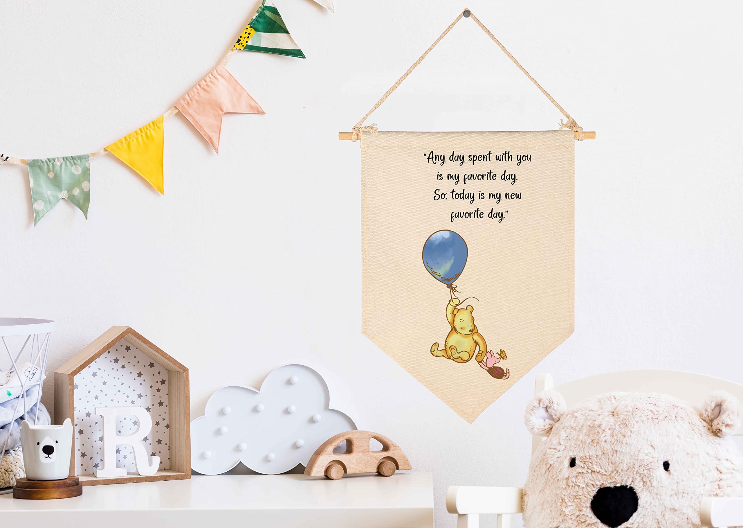 Nursery Wall Flag Banner - Cotton Canvas Pennant Decor For Baby Bedroom, Playroom & Front Door (Beige)
