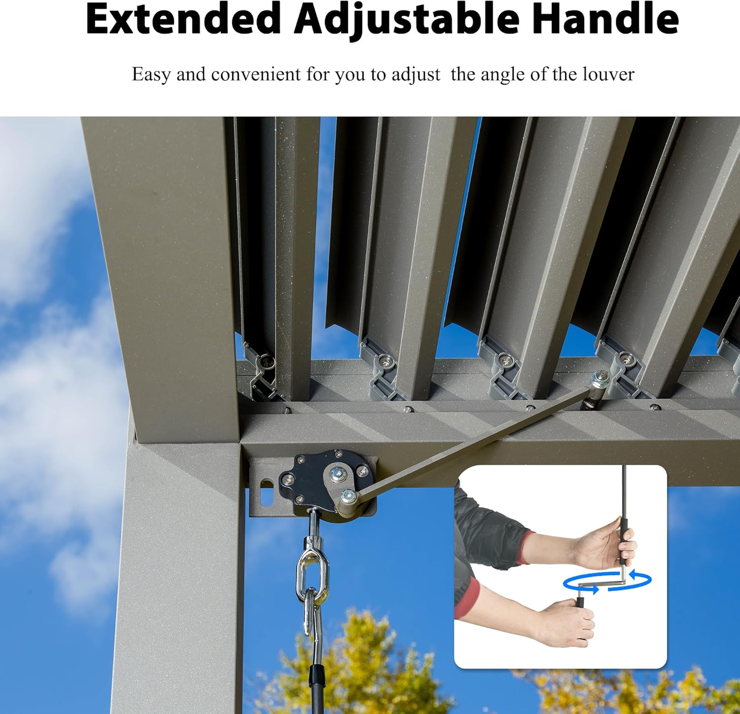 Close-up of the extended adjustable handle used to operate the louvers.