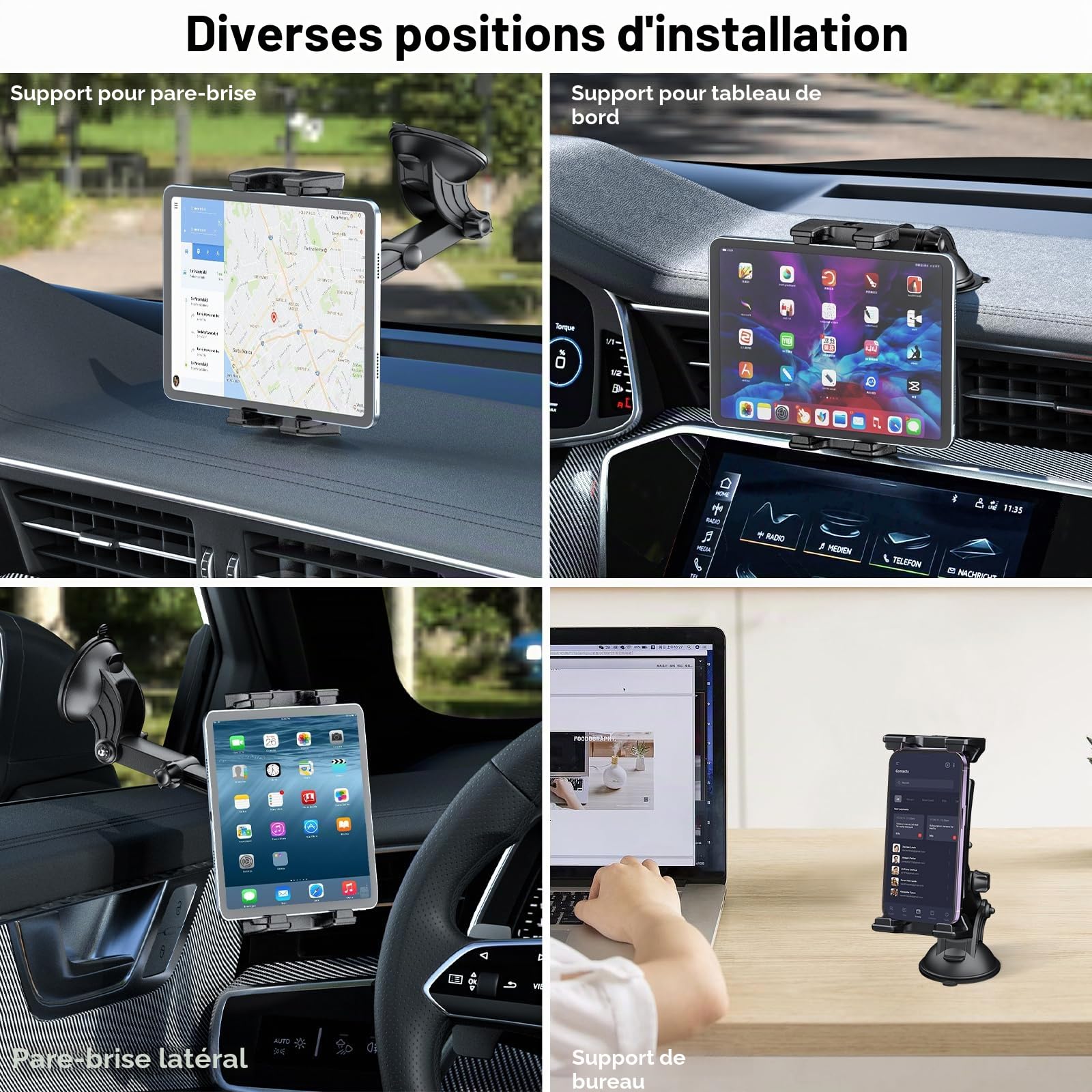 OHLPRO Support Tablette Voiture Tableau de Bord, Porte iPad Ventouse pour sur Pare-Brise Compatible avec 5" - 13" iPad Pro Mini Air iPhone Galaxy Tab S9 Kindle Switch avec Bras Télescopique Réglable