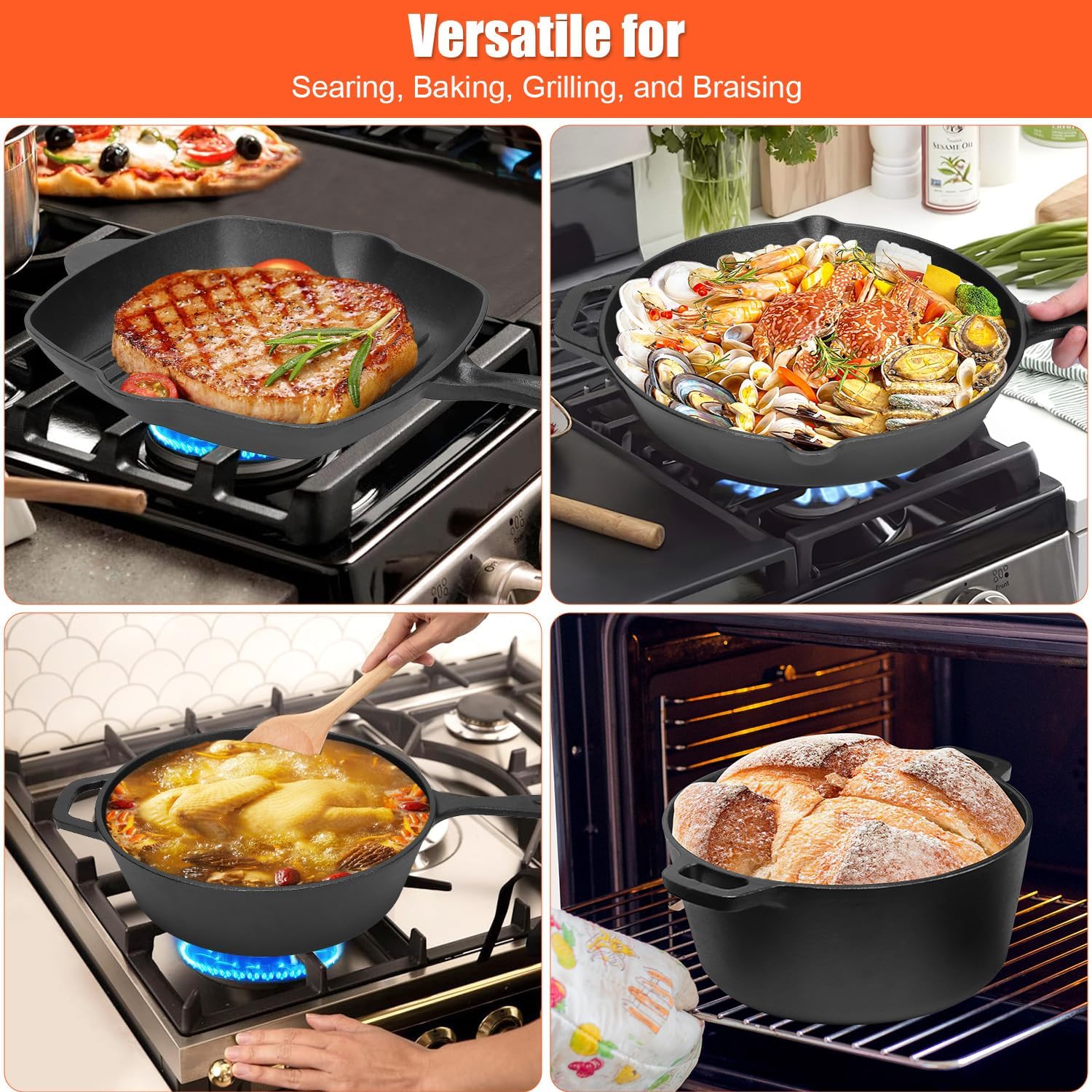 GFTIME Gusseisen Kochgeschirr Set 6-teilig mit 5 QT Dutch Oven & Deckel, 3,2 QT Schmortopf mit 1,6 QT Pfannen-Deckel, 28 cm Grillpfanne, 30,5 cm Bratpfanne, für Herd, Backofen, Grill & Camping