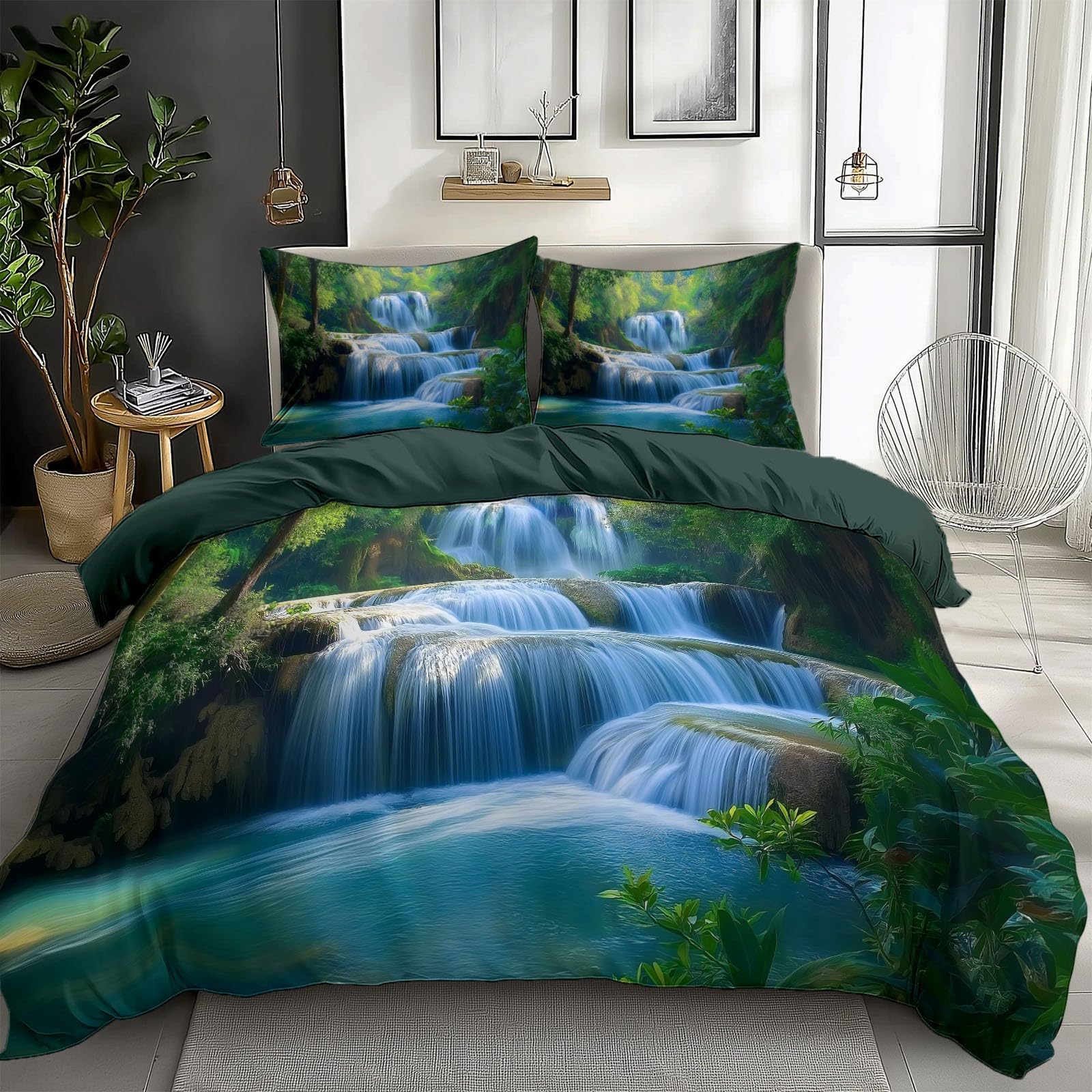 Green Bedding Sets Forest Waterfall Print Duvet Cover Set, Comforter Cover Full Size Soft Breathable Reversible 3-Piece Bedding for Kids Teens
