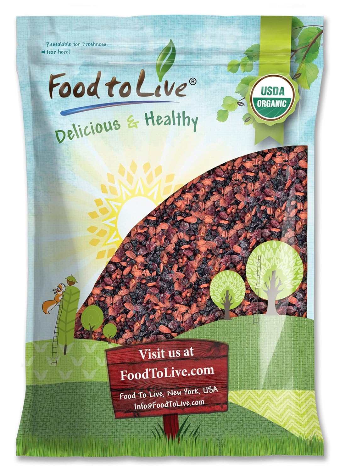 Food to Live - Organic Yummy Berries Mix, 8 Pounds - A Blend of Non-GMO Dried Cranberries, Blueberries, Cherries, Goji Berries, Vegan