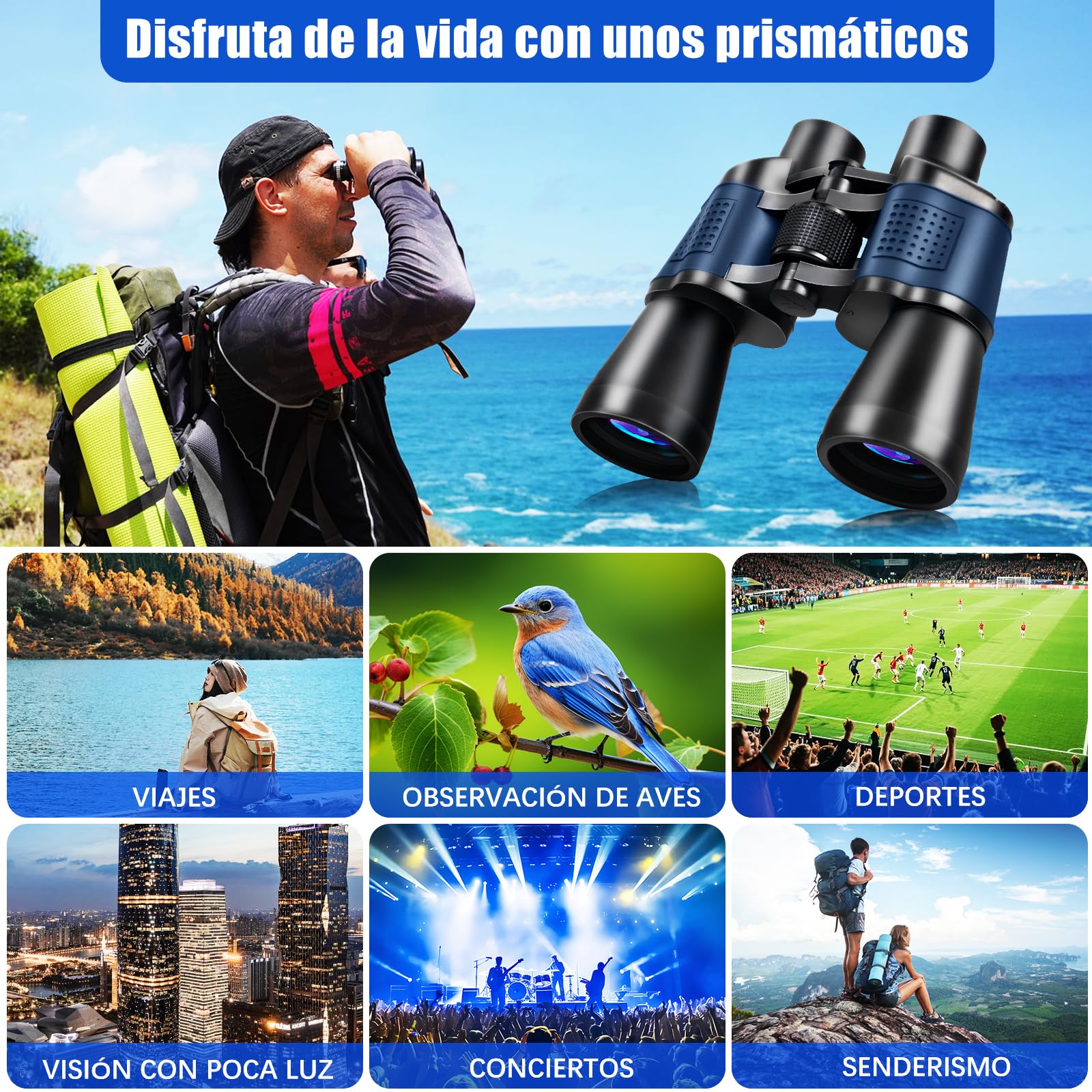 Prismáticos Profesionales 20 X 50, Binoculares para Adultos con prismas BAK-4 y Lentes FMC, Antiniebla e Impermeables con Adaptador para Smartphone de Aves, Caza, Senderismo (Azul) — view 6