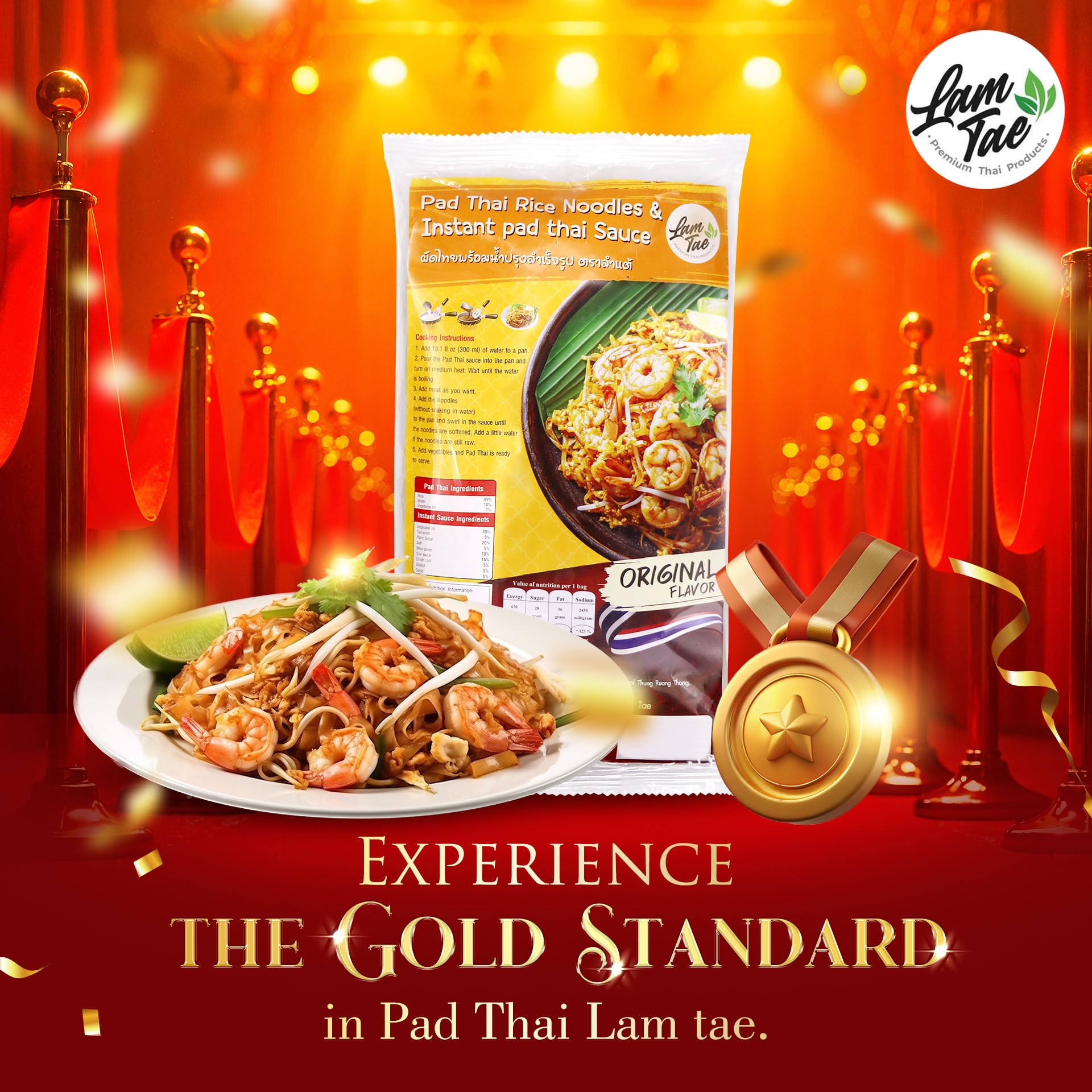 Lam Tae Pad Thai Meal Kit – Thai Rice Noodles with Instant Pad Thai Sauce – Authentic Stir-Fry Flavor – Ready-to-Cook Asian Meal – Available in Pack of 1, 3, or 6 – 200g Each (7.05 Ounce (Pack of 1), 6, Count)