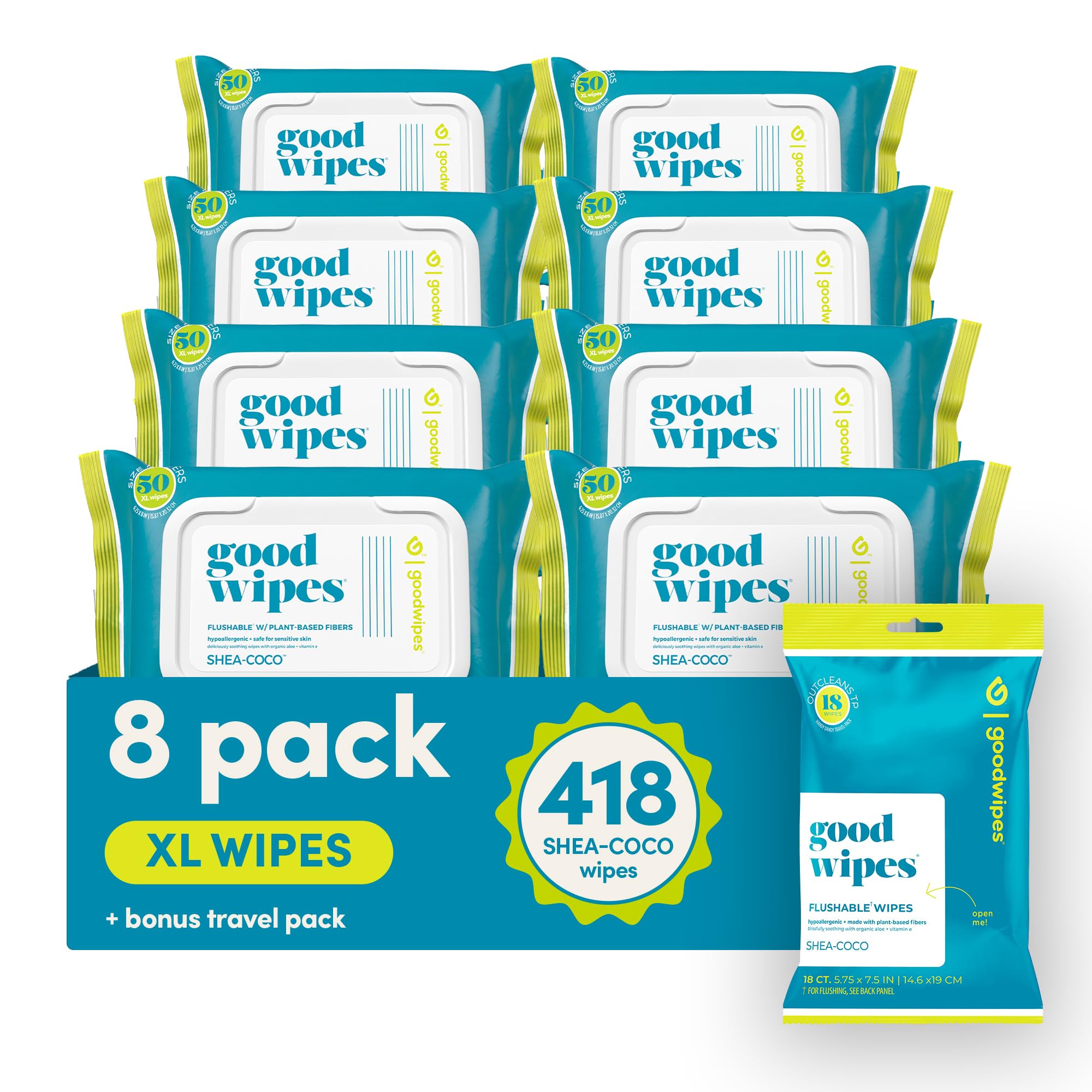 Toallitas húmedas desechables Goodwipes - Vitamina E y aloe - Aptas para alcantarillas y fosas sépticas - Toallitas húmedas extragrandes para adultos, mujeres y hombres - Artículos esenciales para el baño - Karité y cacao, 418 unidades (8 paquetes + 1 de viaje)