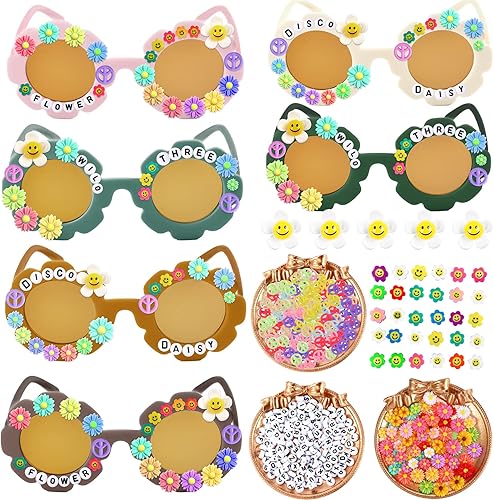 Gafas de sol redondas de flores para niños, lindo juego de lentes de sol de flores, cuentas de letras, margaritas, carita sonriente, flor y signo de
