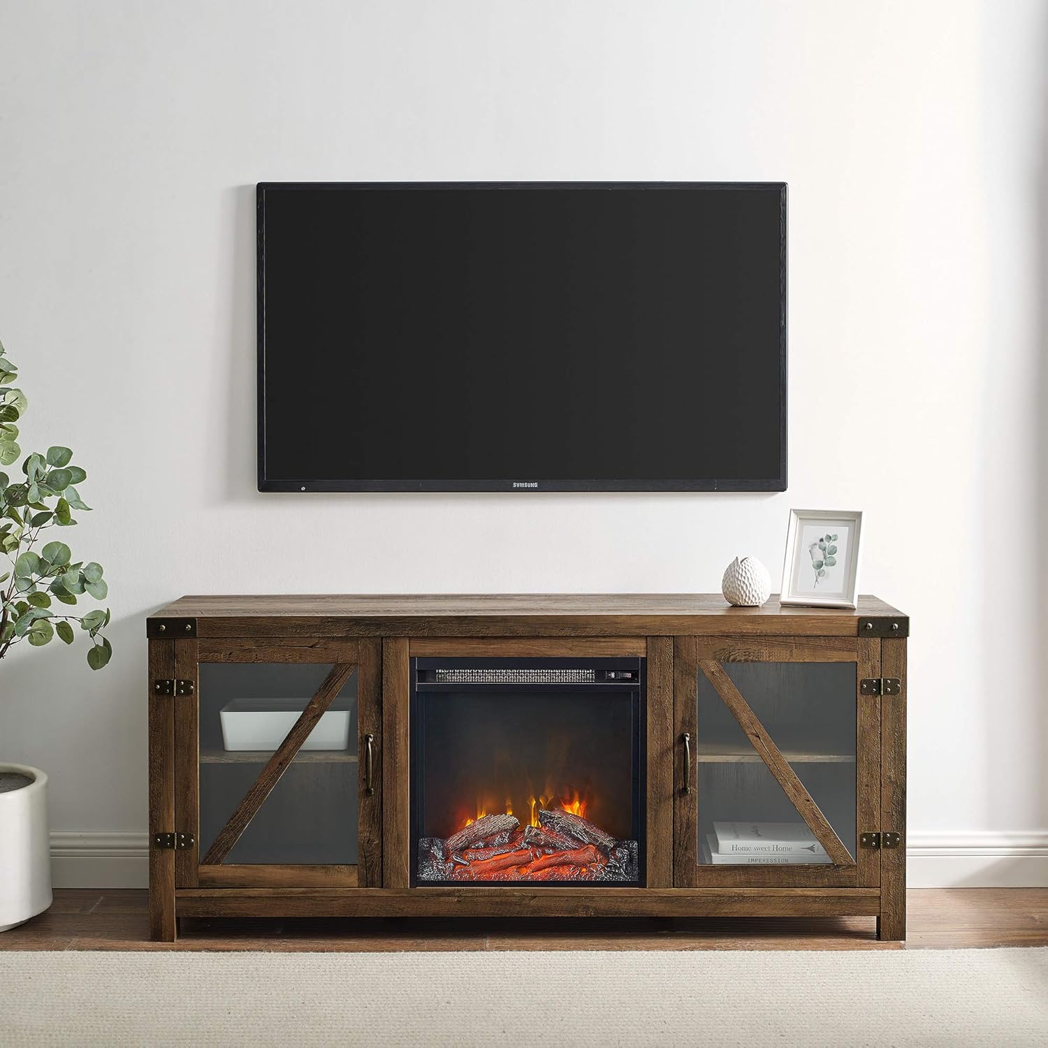 Walker Edison Farmhouse Barn Door Wood and Glass Fireplace TV Stand for TV's up to 64" Flat Screen Living Room Storage Cabinet Doors and Shelves Entertainment Center, 58 Inch, Rustic Oak