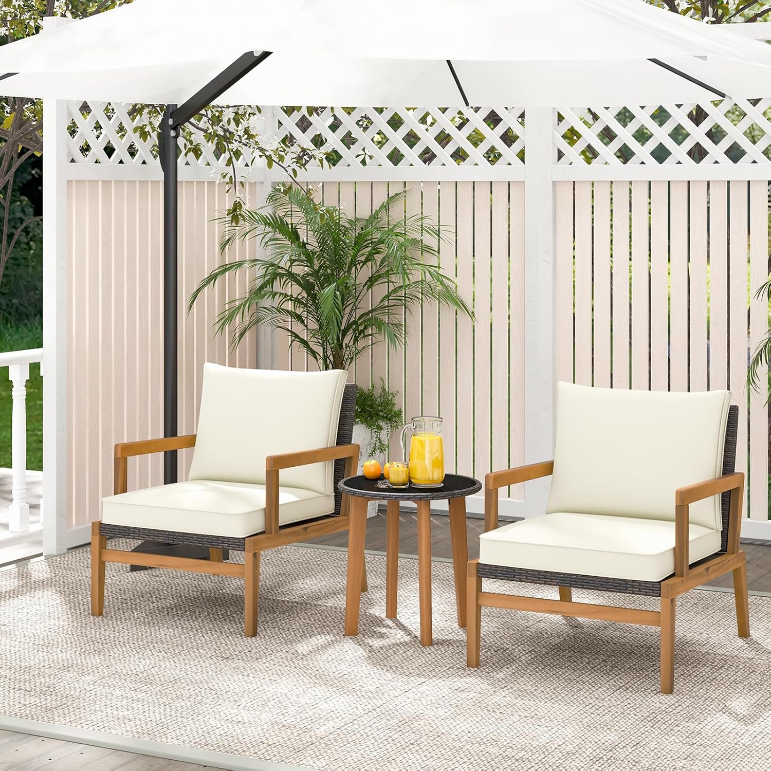 Tangkula 3 Piece Patio Chair Set, Wicker Chair & Side Table Set with Soft Cushions & Tempered Glass Tabletop, Solid Wood Support, Outdoor Rattan Furniture Set for Porch, Backyard, Poolside