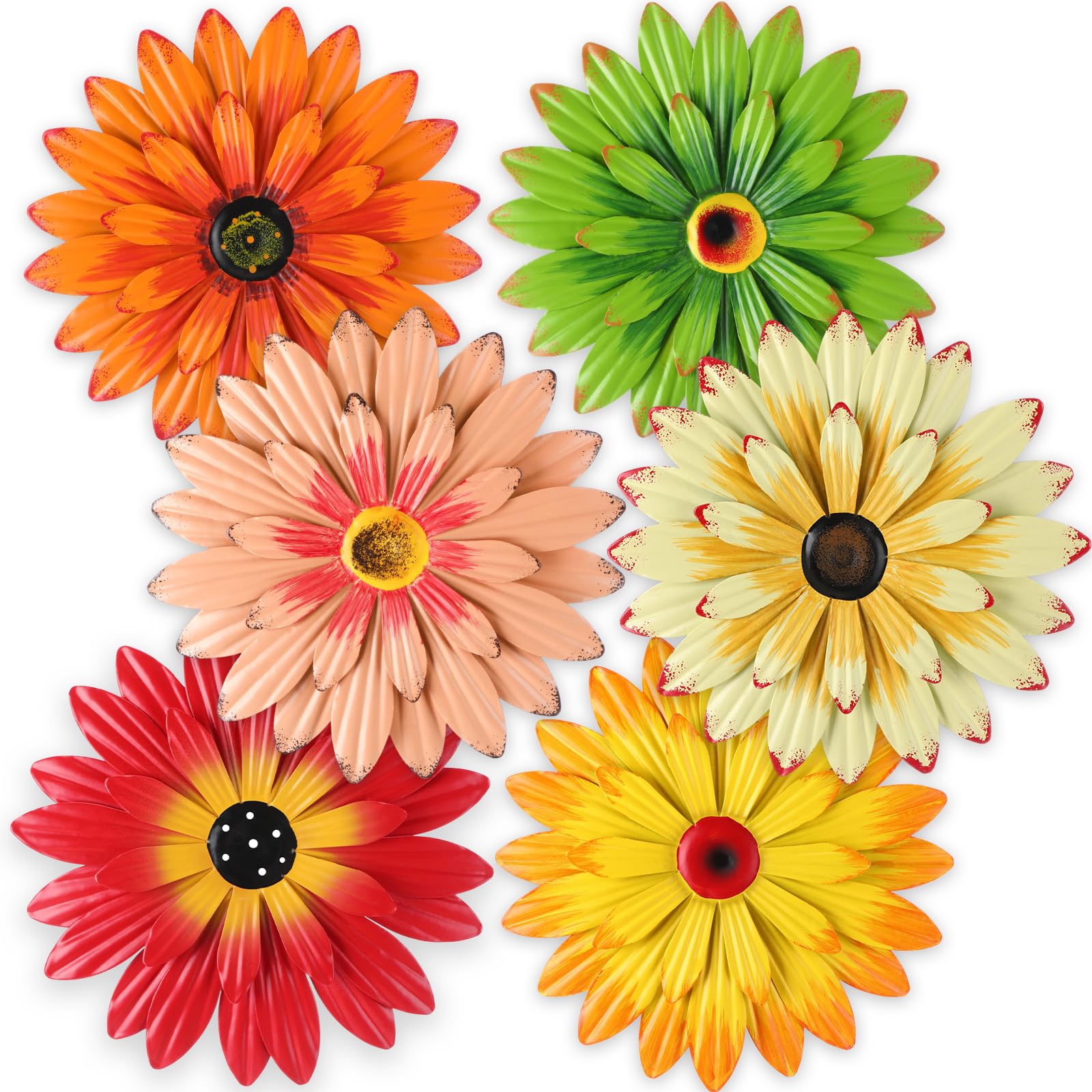 Photect 6 Pcs Metal Flowers Wall Decor Hanging Outdoor Metal Daisy Wall Art Decorations Multiple Layer 3D Daisy Flowers for Garden Farmhouse, 8 Inch(
