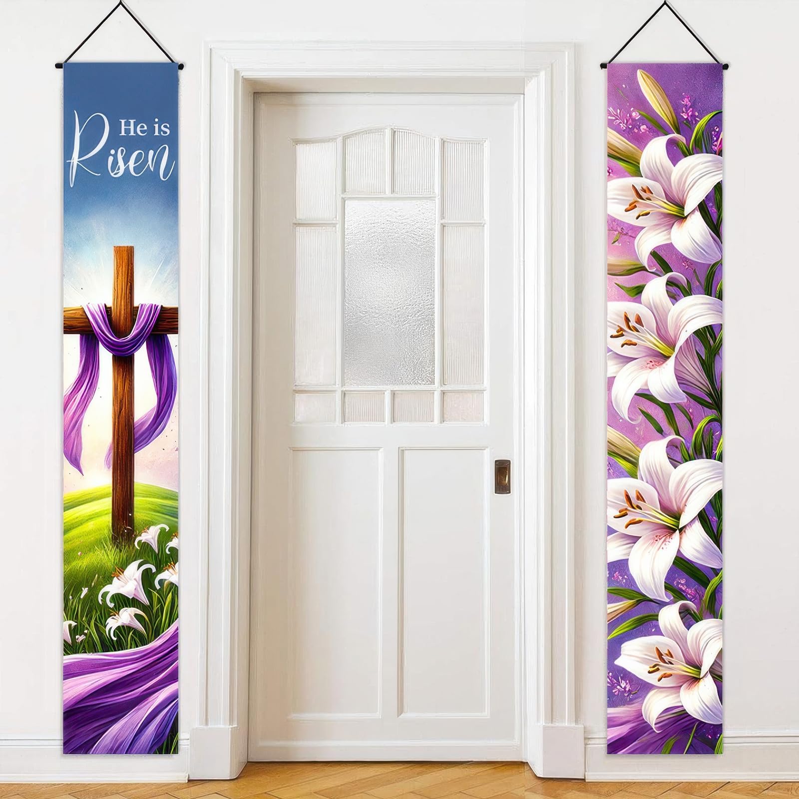 2pcs Easter Door Banner Set 12x71 Inches Spring Hanging Front Porch Welcome Sign He Is Risen and Lily Flower Religious Decoration for Indoor and Outdoor Easter Party Supplies Decor