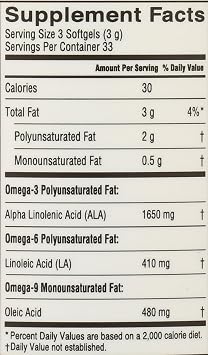 Barlean's Flaxseed Oil Softgels, Omega 3-6-9, 1650mg ALA, Non-GMO, 100ct