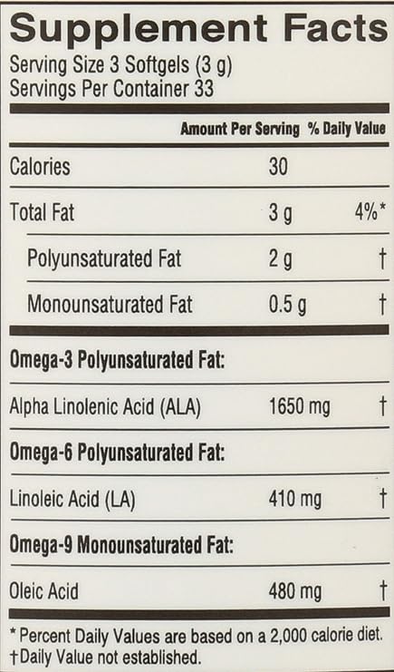 Barlean's Flaxseed Oil Softgels, Omega 3-6-9, 1650mg ALA, Non-GMO, 100ct