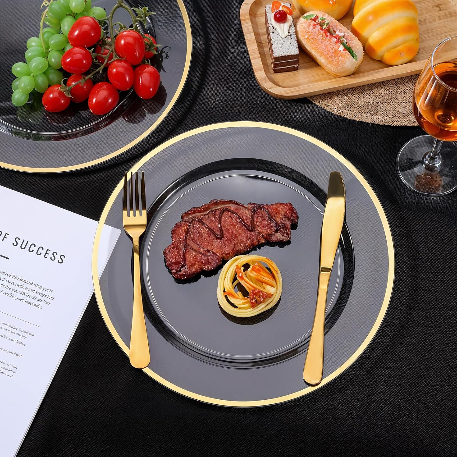 25 Pack 12 Inch Gold Charger Plates, Clear Charger Plates with Gold Trim, Disposable Plastic Charging Plate Bulk for Dinner, Wedding, Party, Event Decoration