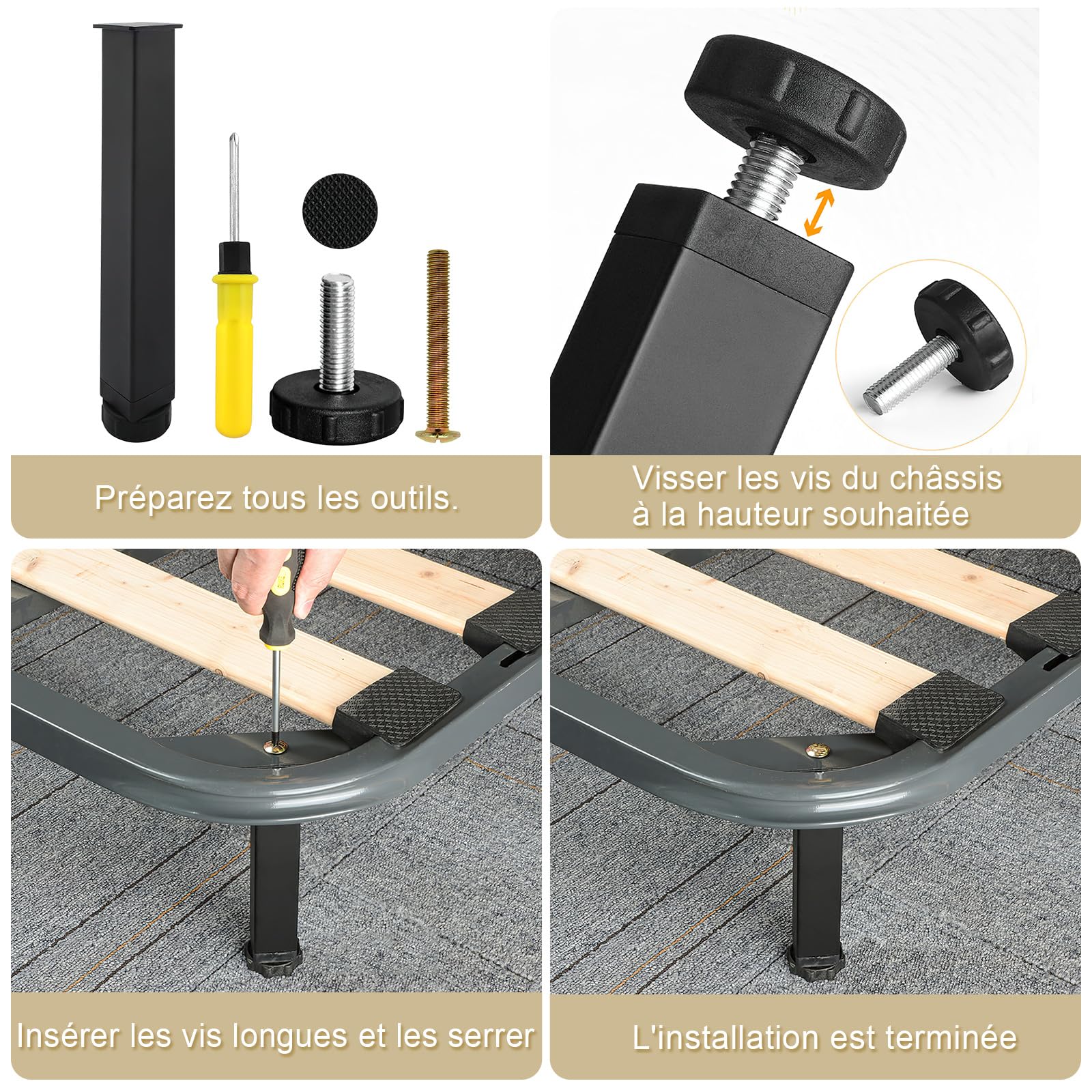 Lot De 4 Pieds Réglables 25 Cm Pour Sommier à Lattes – Acier Robuste, Hauteur Jusqu'à 27 Cm, Installation Facile Sans Perçage
