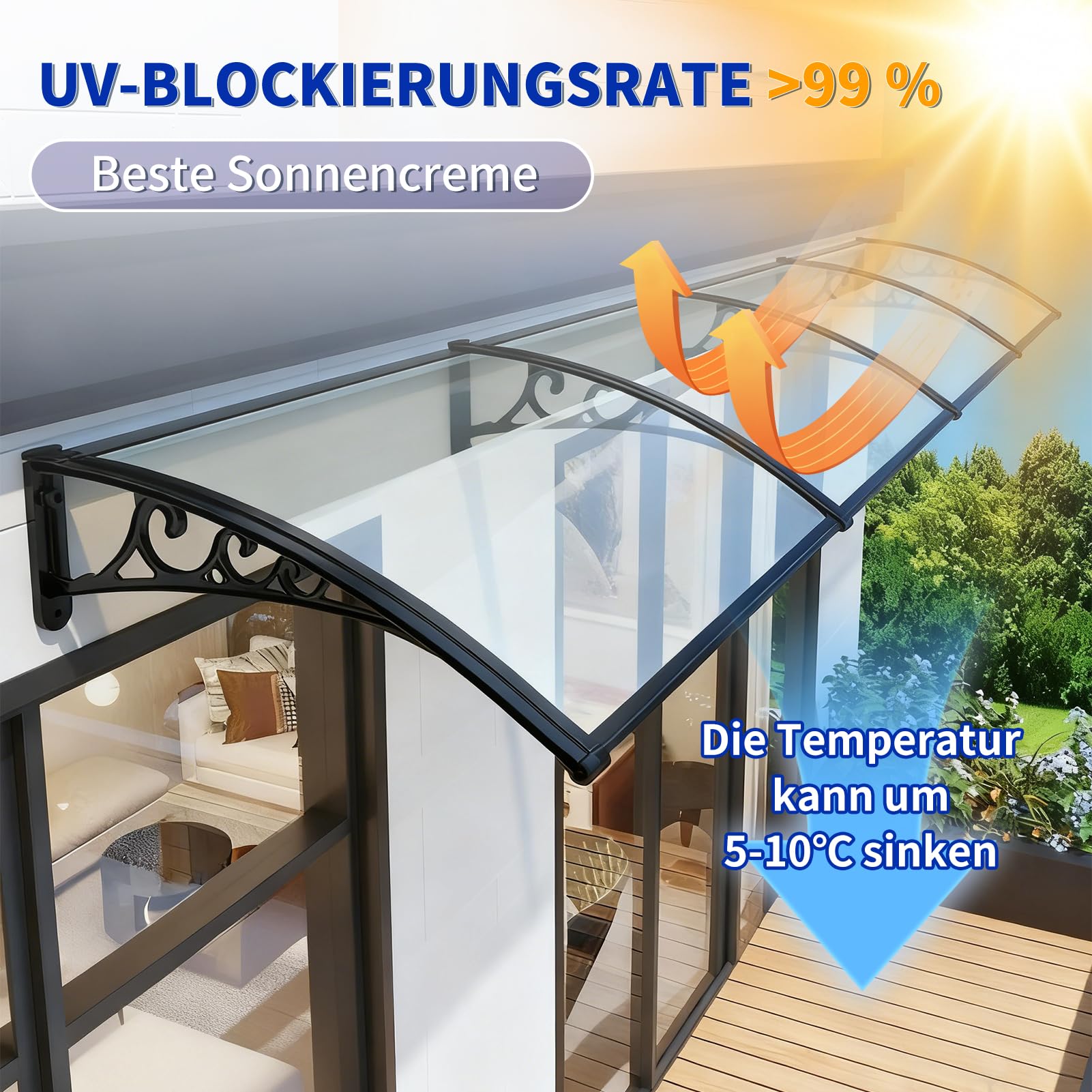 Haustürvordach Modern Design, Neutrale Farbe passt zu Jeder Fassade, Bietet Schatten und Lärmschutz, Mit Befestigungsmaterial für Einfache DIY-Installation（120x200cm）