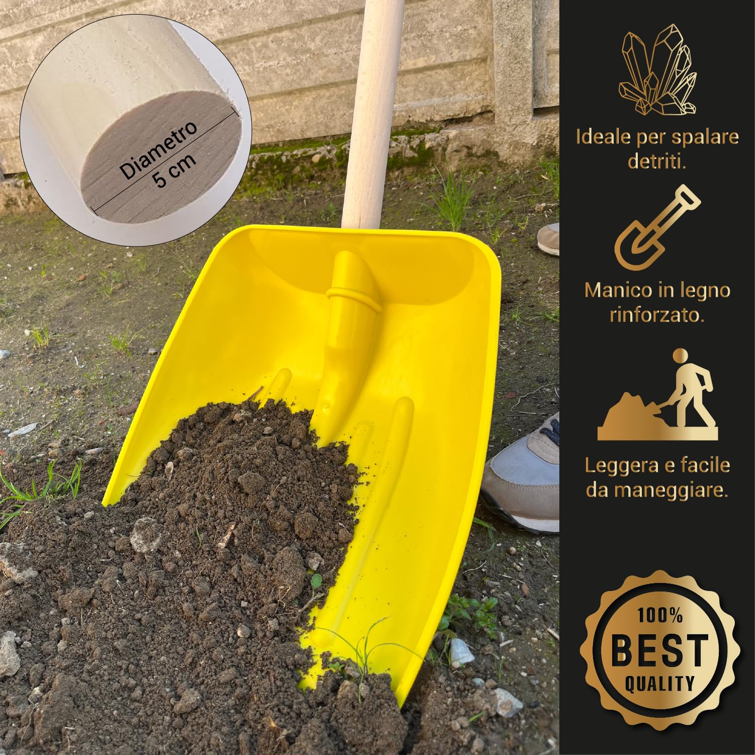 Crisalide® - Badile Super Resistente 37x42 cm con Manico in Legno - Versatile per Uso Agricolo, Giardinaggio e Lavori Pesanti, Multiuso, Pala da Neve
