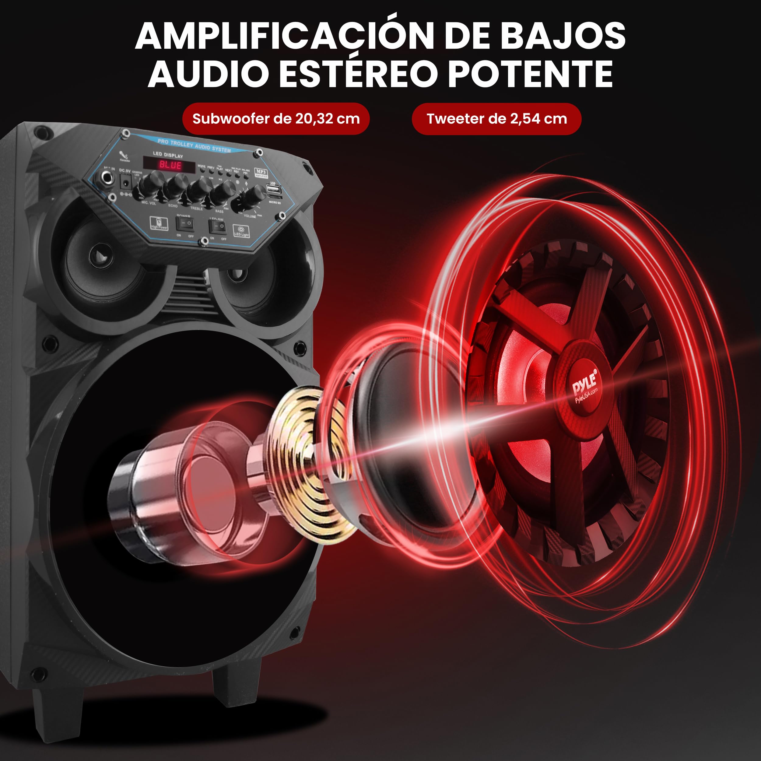 Pyle Altavoz Bluetooth, Potente, 580W, Inalambrico, Luces, Karaoke, Portatil, Microfono, USB, AUX, MP3, SD, FM, Trolley con Ruedas