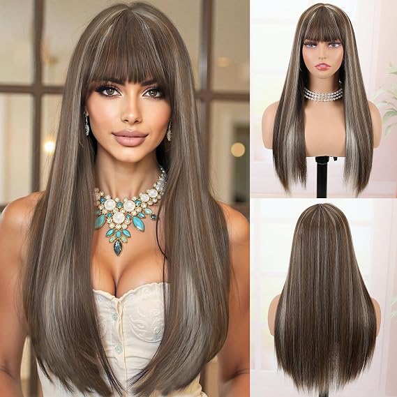 Creamily Long Brown Straight Wig with Bangs Ombre Brown Wig with Blonde Highlights 23'' Long Natrual Synthetic Hair for Women Party Daily Use