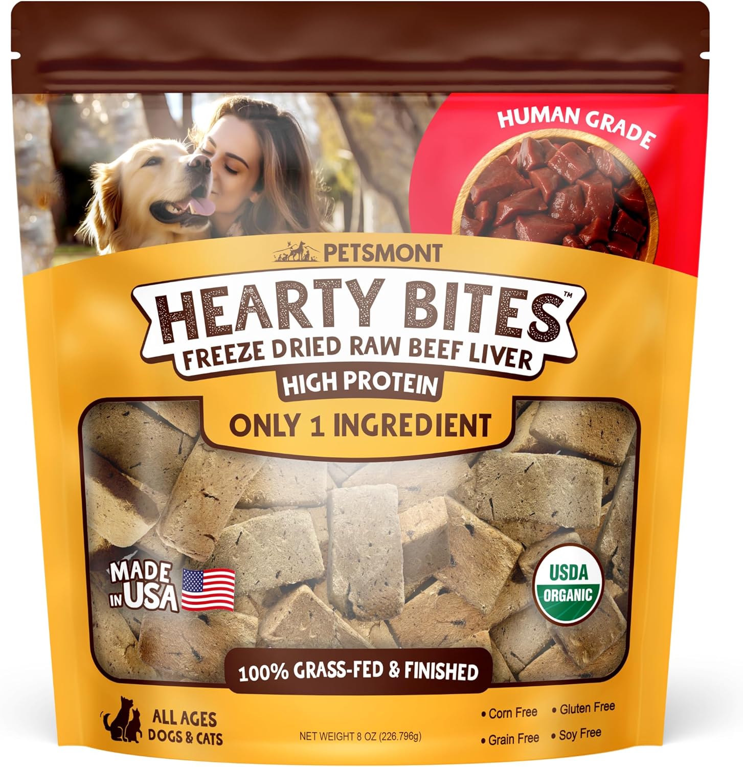 Petsmont Hearty Bites - Organic Freeze-Dried Beef Liver Dog Treats Single Ingredient All Natural, Preservative Free, No Filler Beef Treat for Dogs High Protein Dog Snacks Made in the USA - 8oz