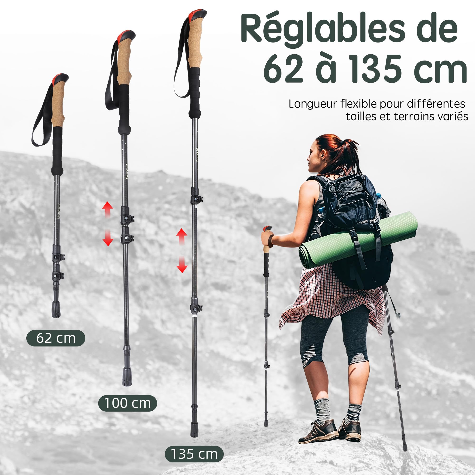 Bâtons de randonnée télescopiques Lot de 2, 200 g chacun, réglables 62–135 cm, en Carbone, poignée liège + EVA, Verrouillage Aluminium, randonnée et Marche Nordique | 62-135 cm, réglable, poignée en liège avec EVA, fermeture en aluminium, sac et 10 access