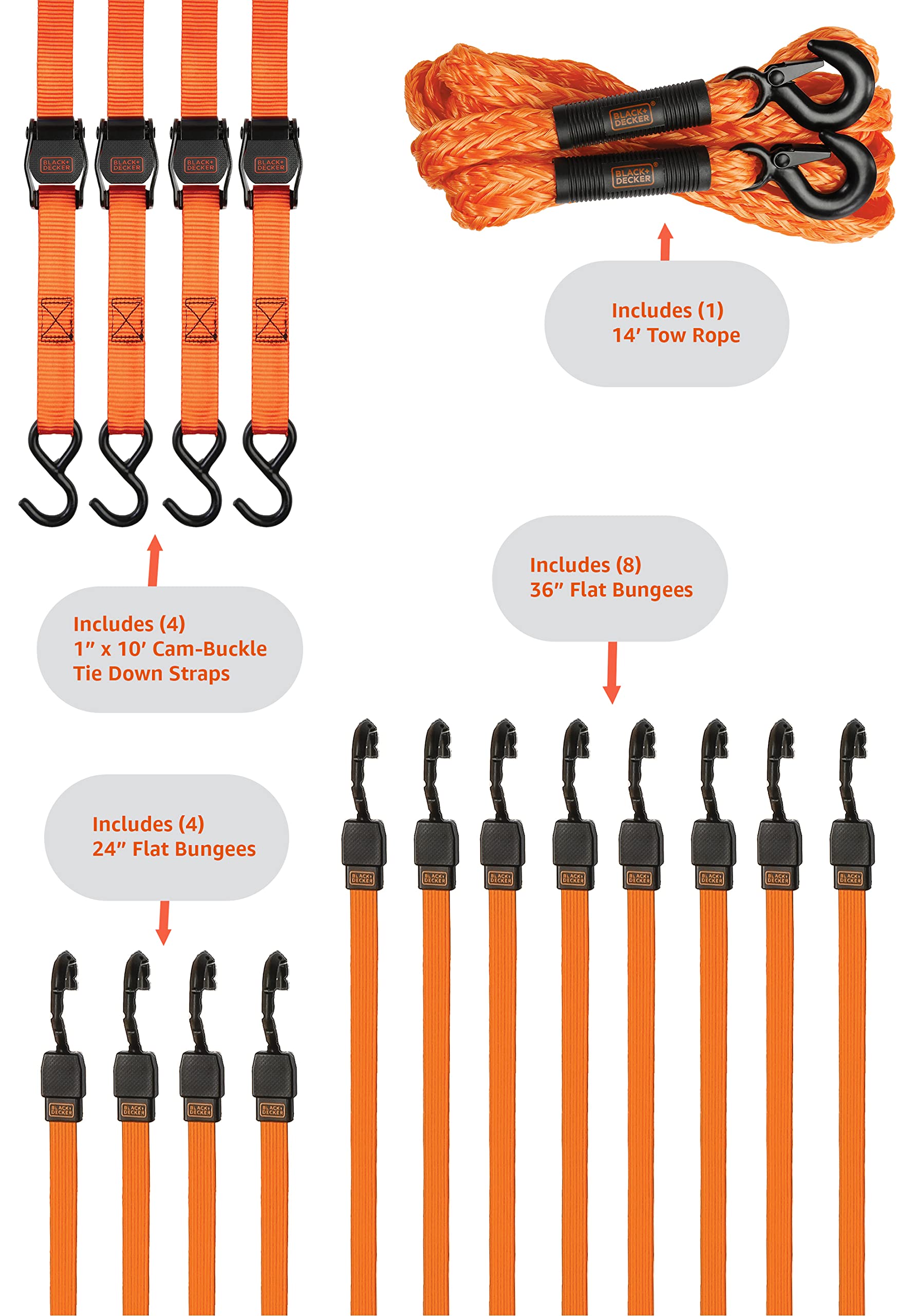BLACK+DECKER BDX1017 - Kit de amarre de 17 piezas con cuerda de remolque de 14 pies, correas de hebilla de leva de lujo de 1 pulgada x 10 pies y cuerdas elásticas de correa plana de 24 y 36 pulgadas