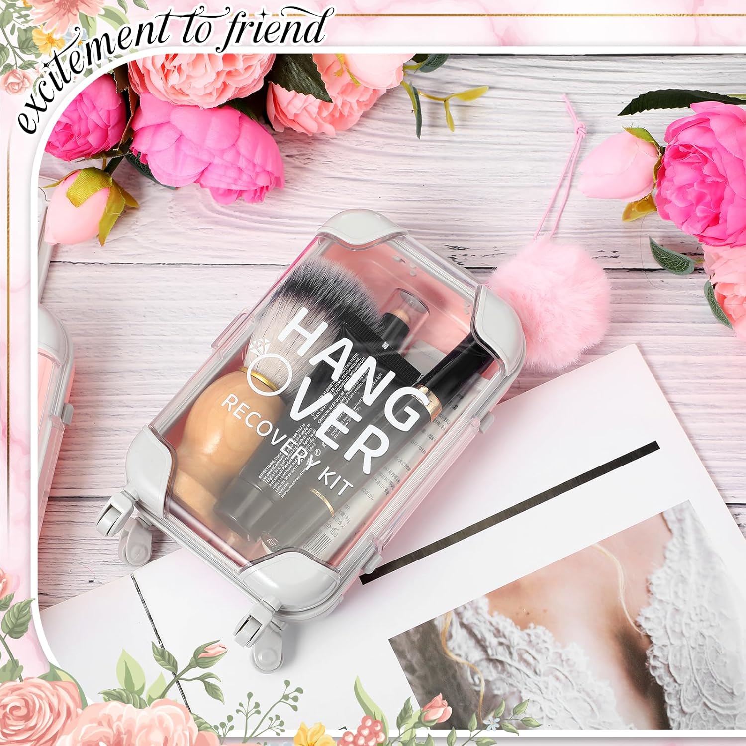 Sweetude 12 Set Hangover Recovery Kit Suitcase Mini Luggage Girls Trips Bachelor Party Favors Bridal Shower Bridesmaid Emergency Kit Pink Fluffy Ball Wedding Favors for Bachelorette Party