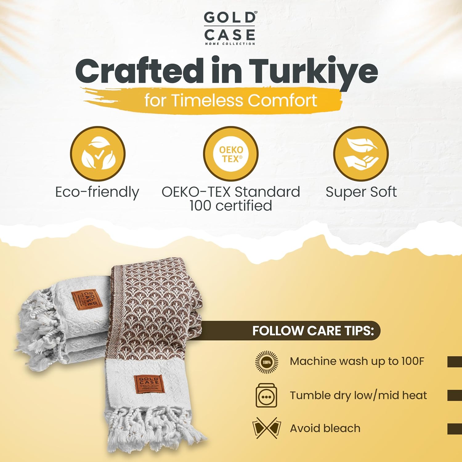 Gold CASE Turkish Hand Towels for Bathroom Set of 4 – 100% Cotton Bathroom Towels – Helen Kitchen Small Towel for Spa, Face, Tea & Dishcloth – Decorative Patterned Weave – Brown