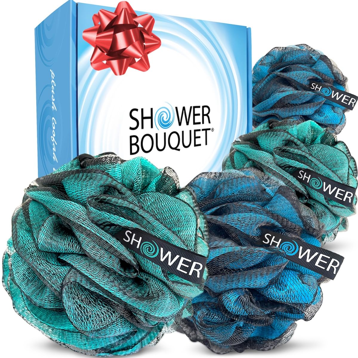 SHOWER BOUQUET Loofah-Charcoal Bath-Sponge XL-4-Pack-Blue-Green // Extra Large 75g Soft Mesh Color & Black Lufa Loofa Loufa Puff Set/Exfoliating Body Scrubber for Women and Men – Exfoliate & Soothe