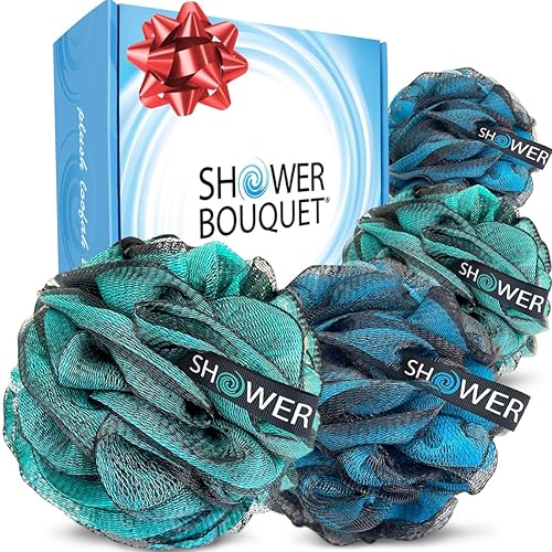 SHOWER BOUQUET Esponja de baño de carbón de lufa XL, paquete de 4 unidades, azul-verde, extra grande de malla suave de 2.65 oz y negro Lufa Loofa