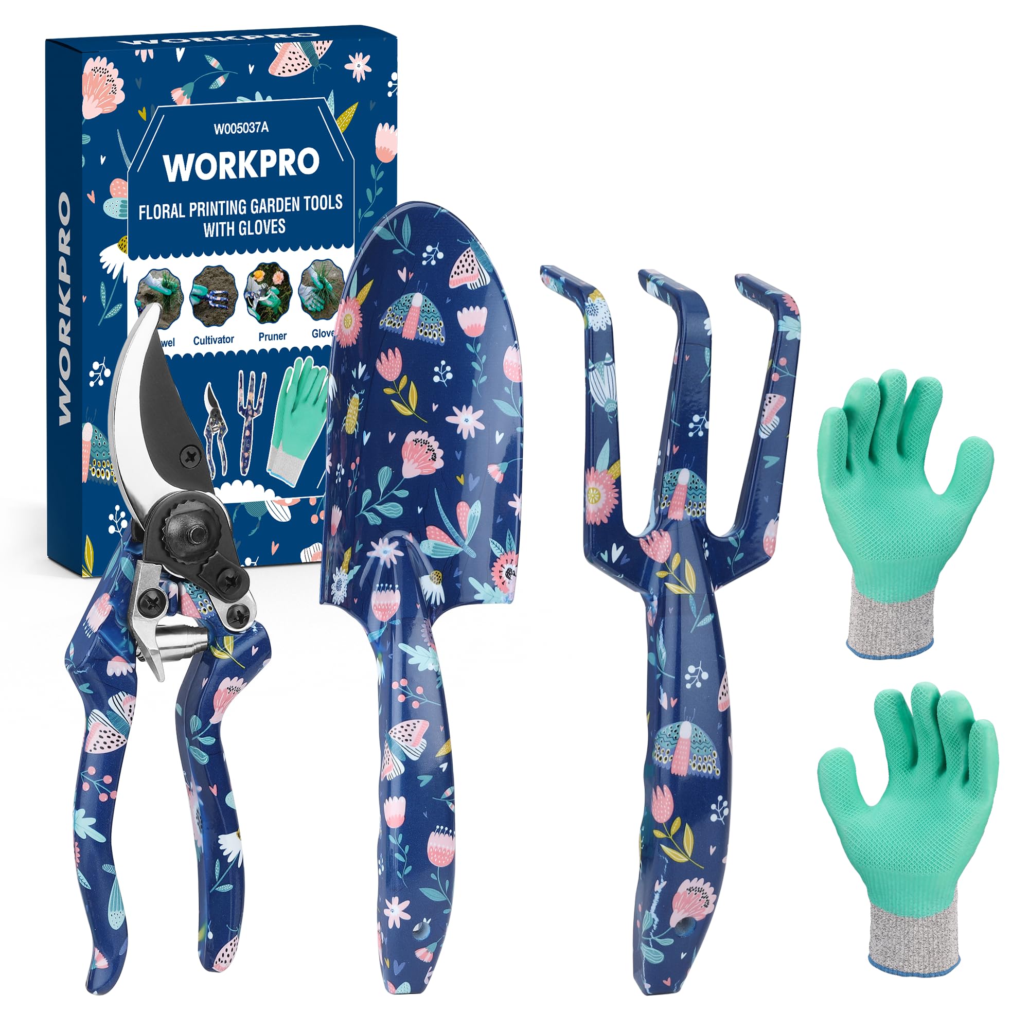 WORKPRO Zestaw 4 sztuk narzędzi ogrodniczych, narzędzia ręczne ze stali nierdzewnej z ergonomicznym uchwytem, w tym sekator, kiełnia, widelec ręczny i rękawice ogrodnicze - niebieskie