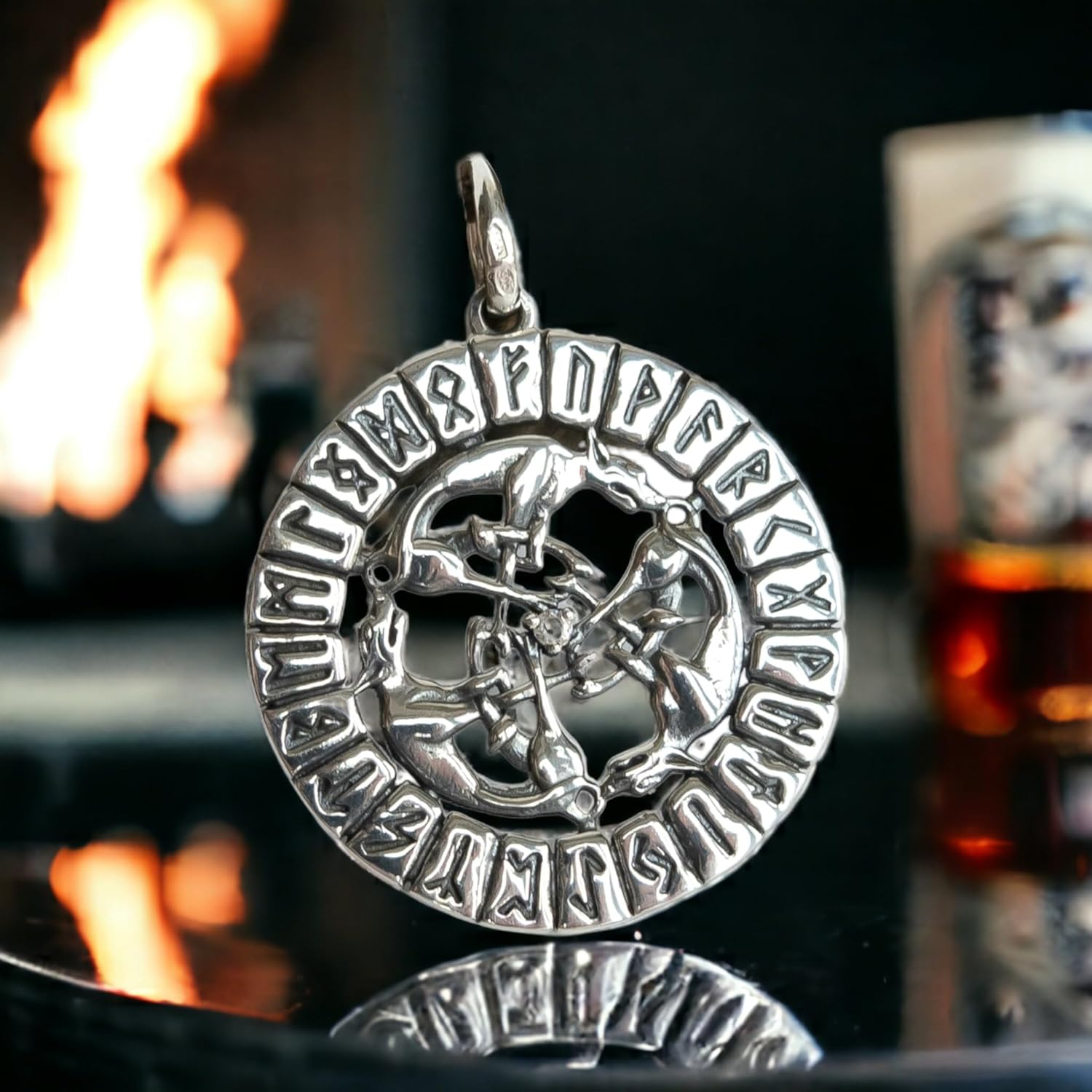 Wolfs Pack in Norse Runes Circle Pendant 925 Sterling Silver - Wolf Necklace - Nordic Biker Viking Accessories Gifts for Men Women - Amulet Talisman for Leaders - Handmade Jewelry