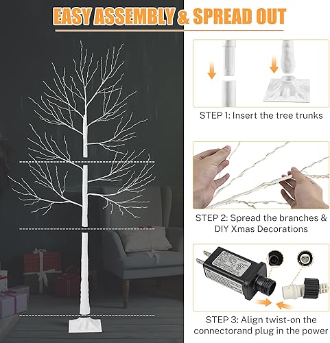 Miniatura 6 de Seizeen Árbol de Abedul de 4 pies, 5 pies y 6 pies con Luces LED, Blanco Cálido, Paquete de 3, Luces de Árbol de Abedul Artificial con Temporizador,