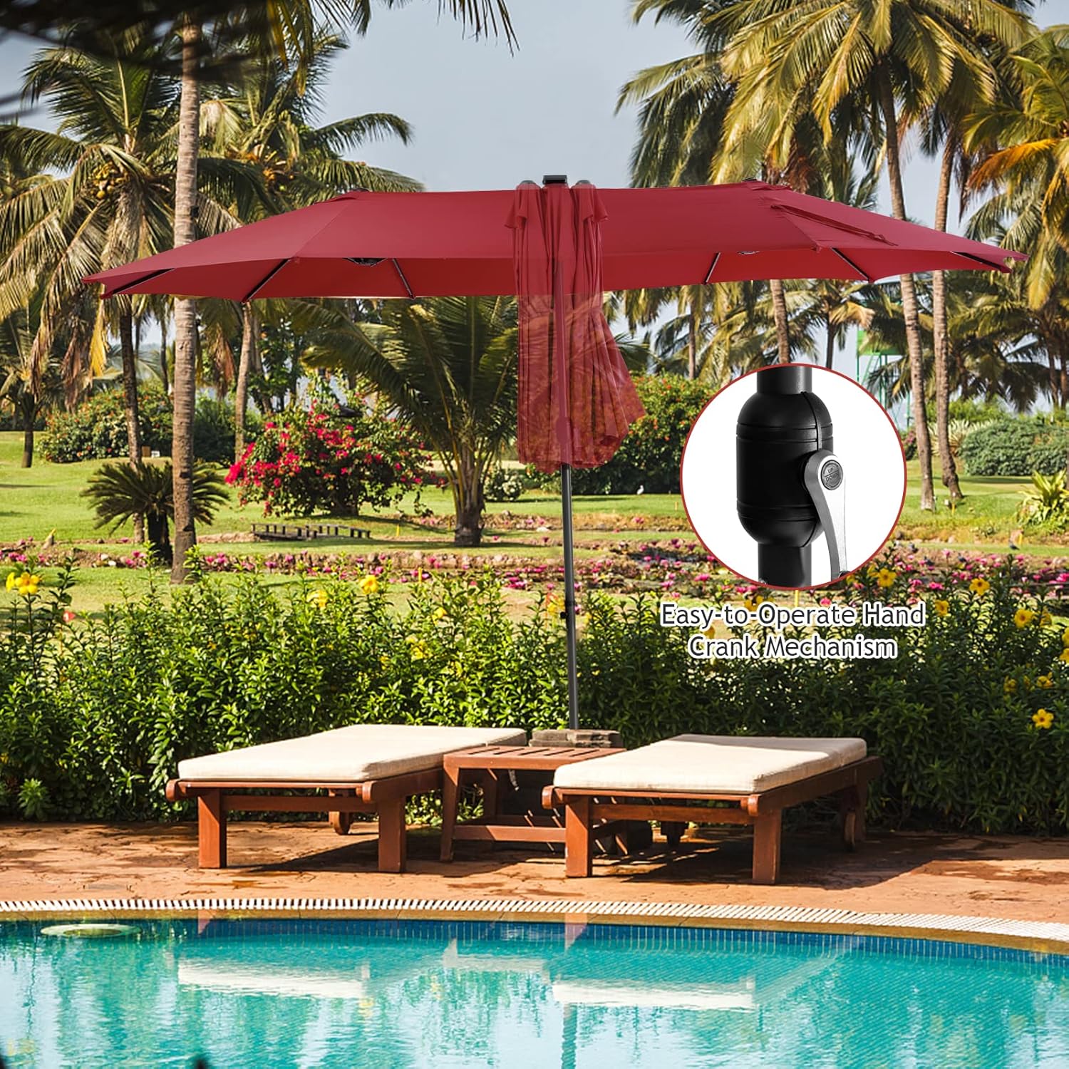 HAPPYGRILL 15 FT Double-sided Patio Umbrella with Solar Lights, Crank Handle & 12 Heavy-Duty Ribs, Outdoor Twin Size Oversized Rectangle Market Umbrella for Garden Deck Poolside