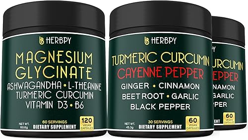 Paquete de suplemento de glicinato de magnesio 6 en 1 y paquete de 2 suplementos de curcumina 7 en 1 - Apoya el día y la noche reparadores, la