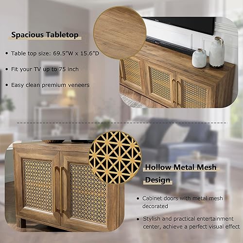 Miniatura 3 de Soporte de TV de mediados de siglo con malla metálica hueca decorada para TV de 75 pulgadas, consola de TV bohemia con armario de almacenamiento,