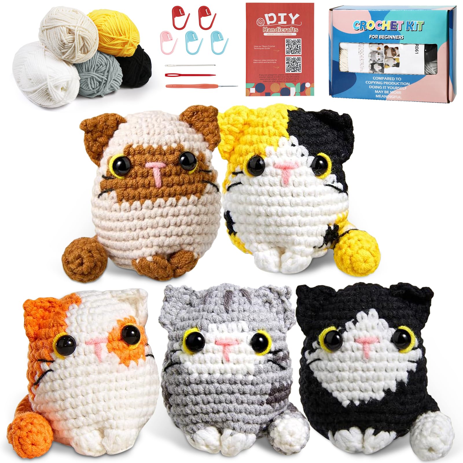 UXORSN Crochet Kit for Beginners Adults 5 Pack Cats Family Crochet Animal Starter Kits Complete Knitting Supplies with Yarn Hooks Step-by-Step Instructions Video Tutorials DIY Craft Birthday Gifts