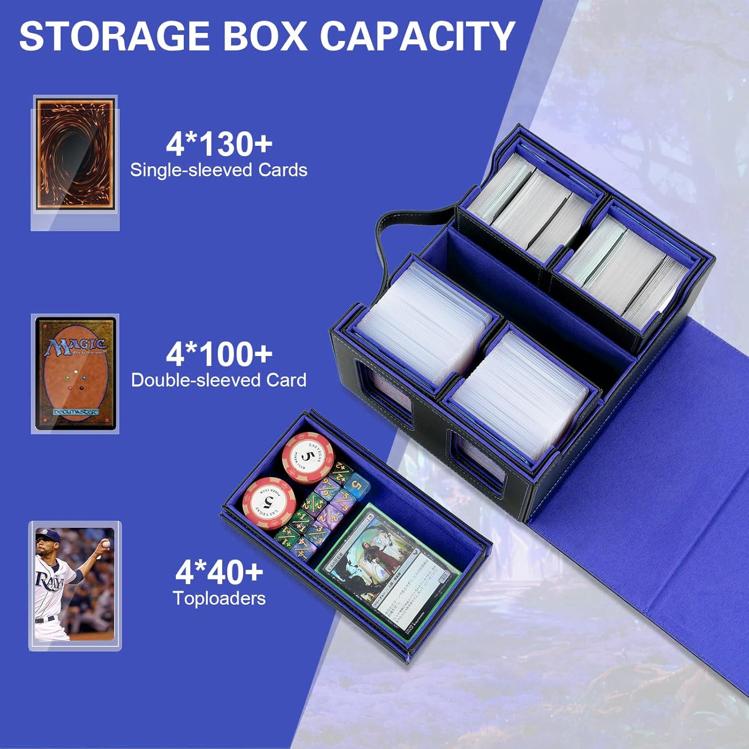 Commander Deck Box for MTG,Card Storage Box Fits 400+ Double-Sleeved Cards,4 Removable deck Case with Display Windows＆Handle,Card deck box for TCG/PTCG/EDH(Black &Blue)
