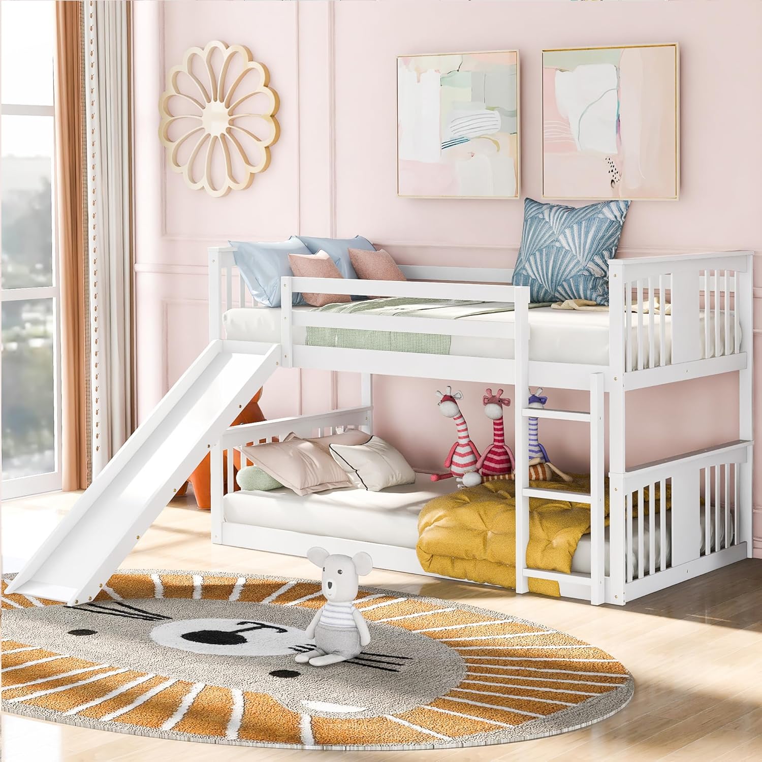 Bellemave Montessori Twin Over Twin Floor Bunk Bed with Slide & Ladder, White - Low Kids Bunk Beds for Boys Girls
