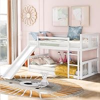 Bellemave Montessori Twin Over Twin Floor Bunk Bed with Slide & Ladder, White - Low Kids Bunk Beds for Boys Girls