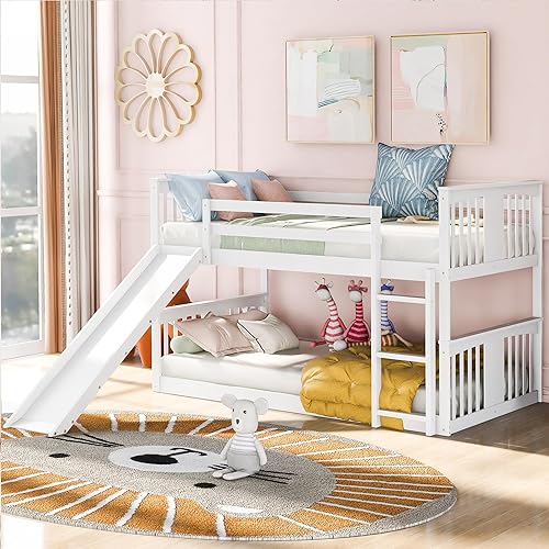 Litera baja individual sobre individual, litera individual sobre individual con tobogán y escalera, literas para niños con barandilla de longitud