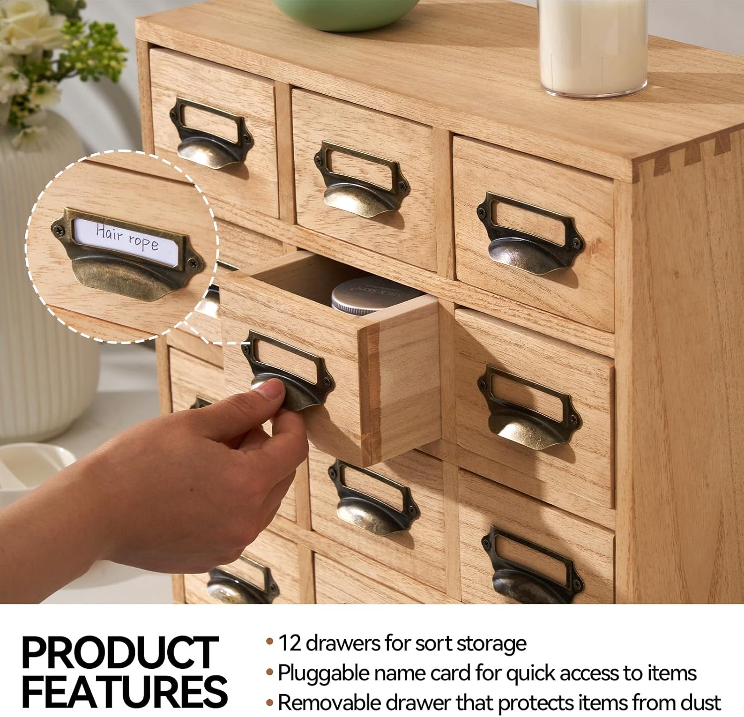 KIRIGEN Wood Drawer Organizer Desktop Storage Cabinet Box Drawers for Home Office Desk Organization and Storage 12 Drawer Mini Chest with Metal Handles Natural(12CG-NA)