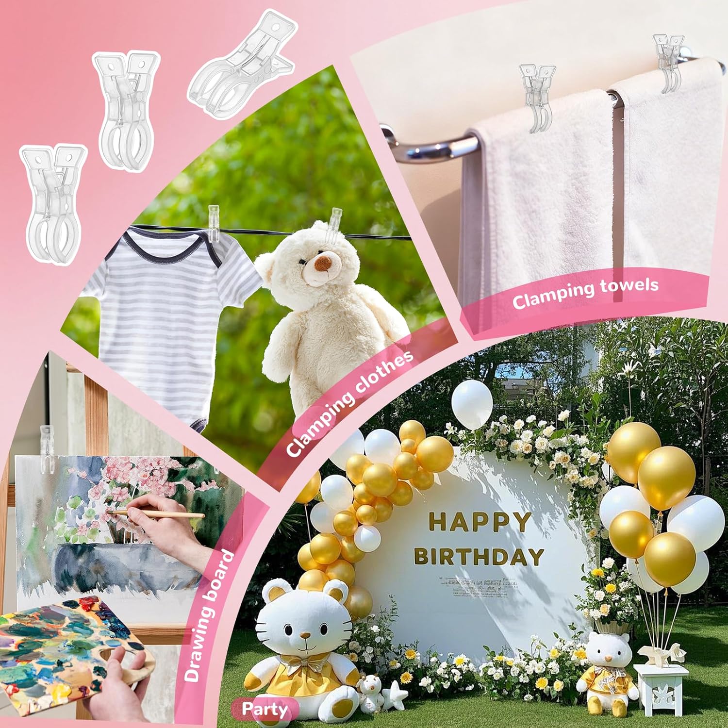 EMART 10 Pack Balloon Arch Clips Plastic Clear Large Towel Clips 3.5 Inch Heavy Duty Spring Clamps for Backdrop Stand Balloon Arch Kit Birthday Decoration Crafts Woodworking Photography Studios