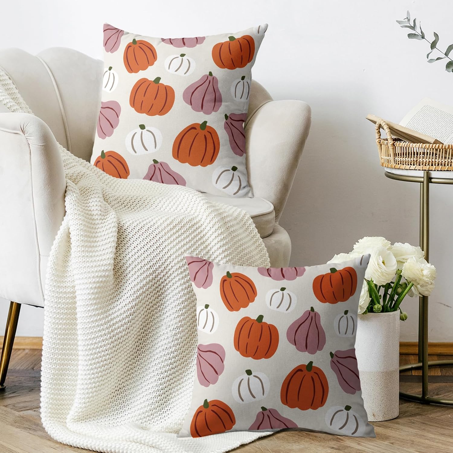 Fall Pillow Covers 24X24 Set of 2, Cute Burnt Orange Pink White Pumpkin Autumn Harvest Throw Pillowcases Thanksgiving Holiday Theme Outdoor Farmhouse Cushion Cover Couch Sofa Bed Home Decor