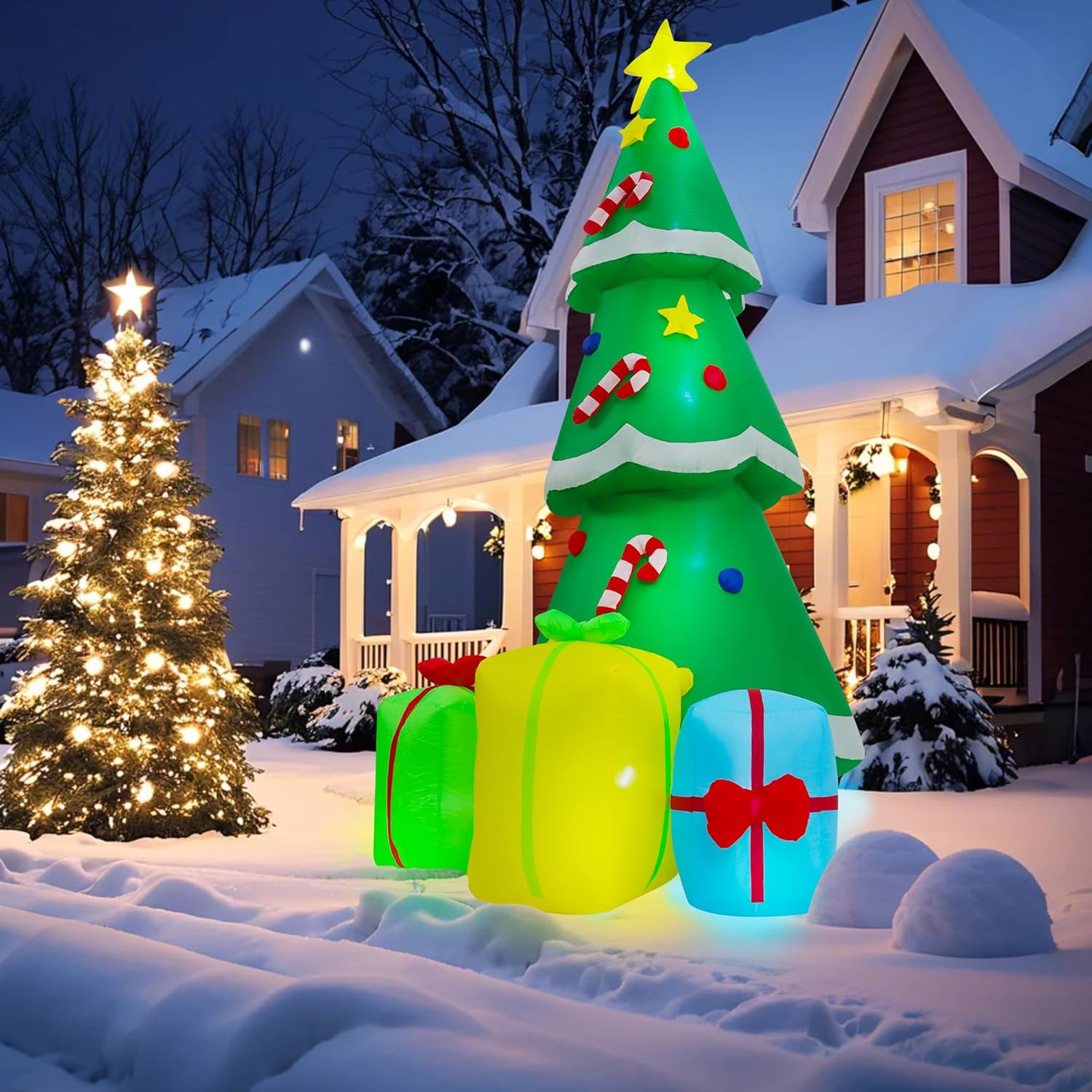 8FT Christmas Inflatables Tree Outdoor Decoration, Indoor Gift Boxes Lighted Party Decoration, Blow Up Decor with Built-in LED Lights Suitable for Lawn/Yard/Garden/Porch