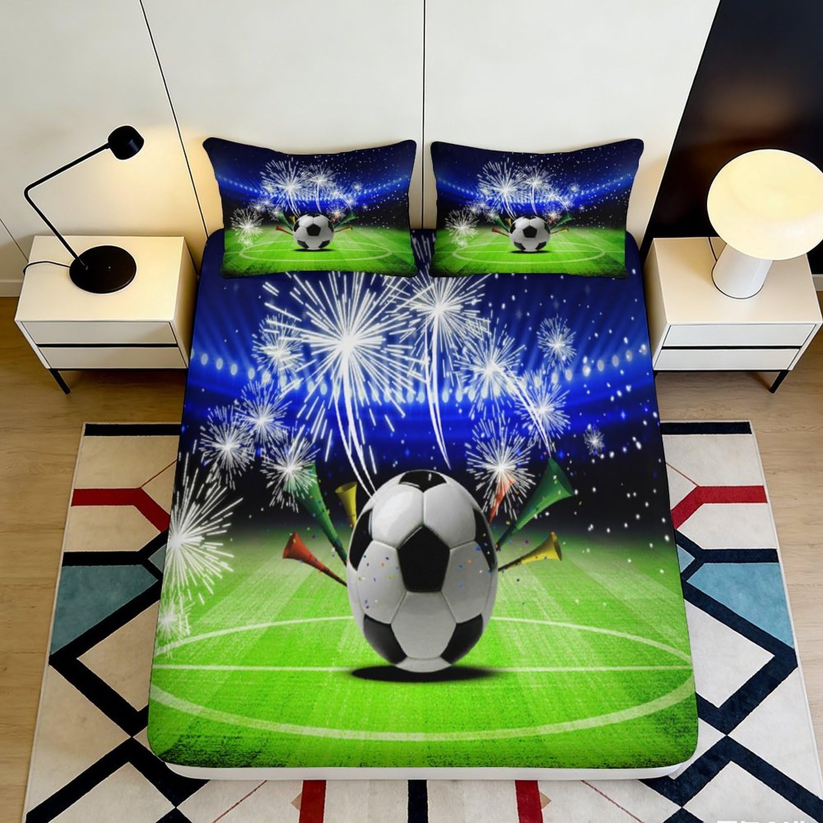 3D Printed Football Stadium Fitted Sheet Microfiber Soft Breathable Fireworks Mattress Cover for Bedroom Dorm Decor 140x200x25cm