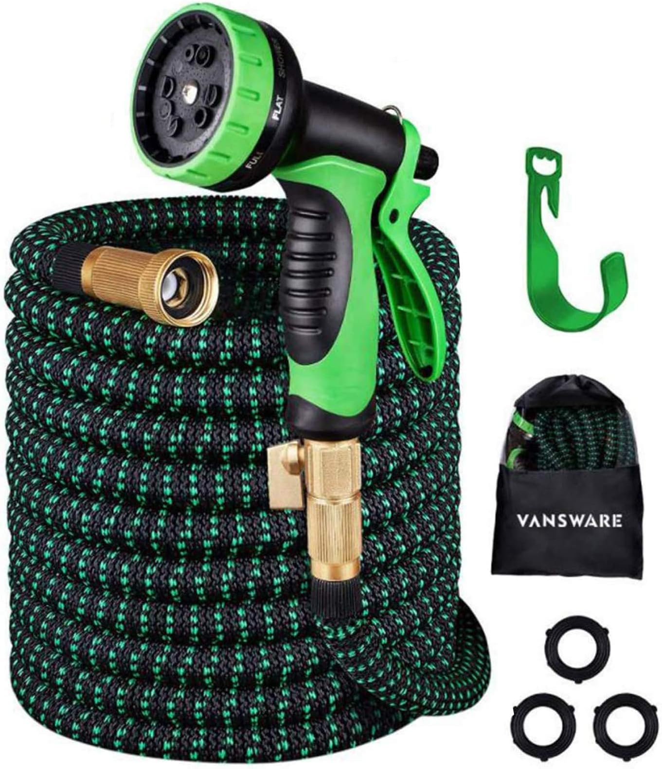 Garden Hose Expandable, Vansware 100FT Flexible Water Hose 10 Function Spray Nozzle Solid Brass Fittings On/Off Valve Leakproof Lightweight Extra Strength Fabric Expanding Hose for Watering/Washing