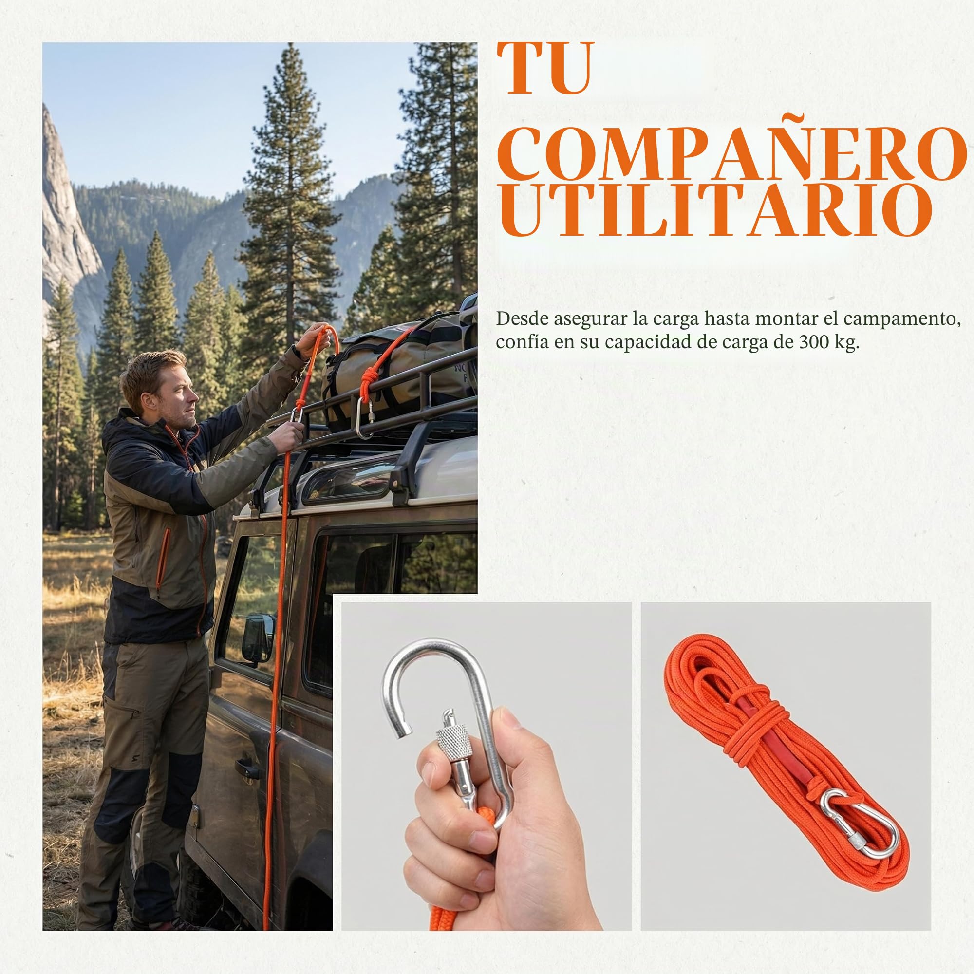 Cuerda de Escalada 20m*6mm Cuerda Auxiliar de Escalada Cuerda de Pesca con Mosquetón Cuerda para Senderismo Cuerda Multiusos para Escalada/Rescate y Deportes al Aire Libre/Camping - Naranja