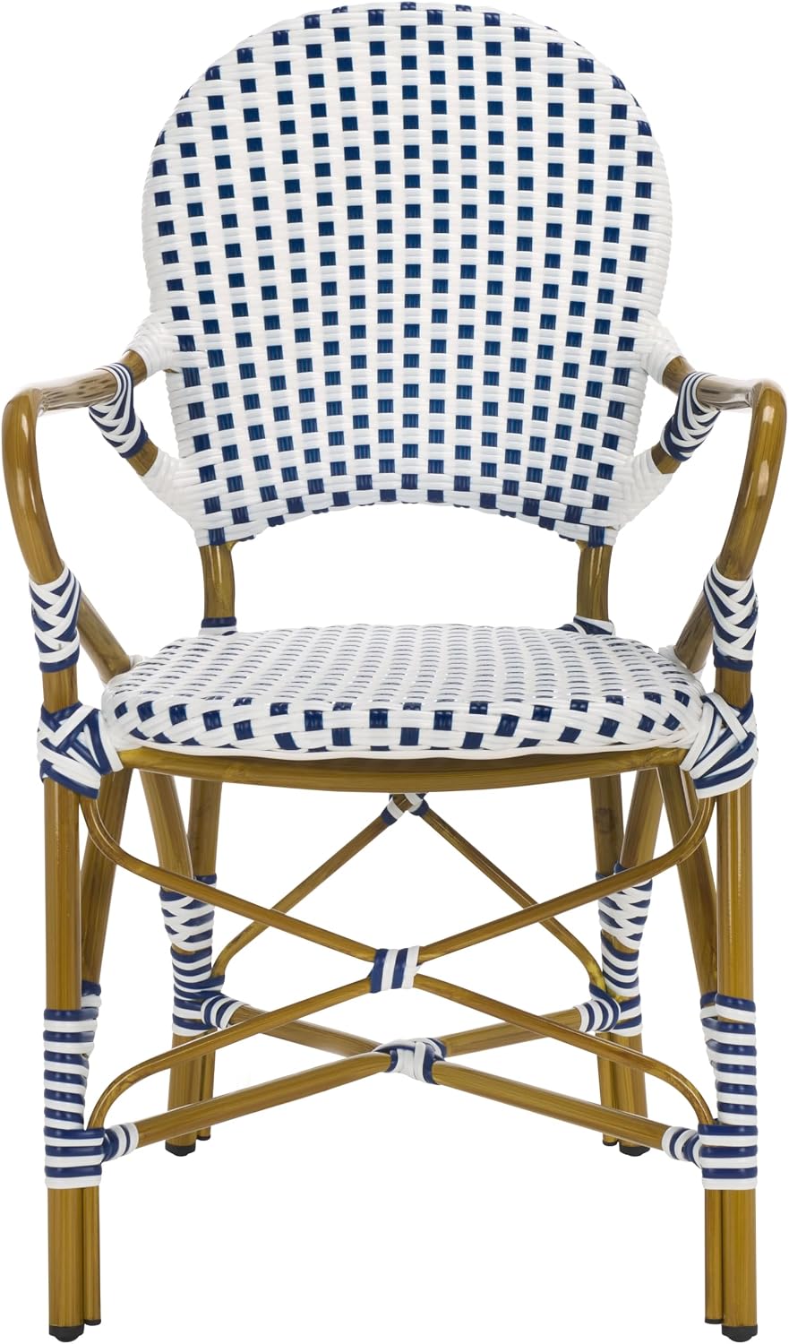 SAFAVIEH Outdoor - Hooper Stacking Arm Chair Set of 2 - Blue & White - Faux Wicker & Aluminum Frame - Bamboo Bistro Design - Ideal for Patio, Deck, Sunroom, Dining, 17.3" Seat Height (FOX5209A-SET2)