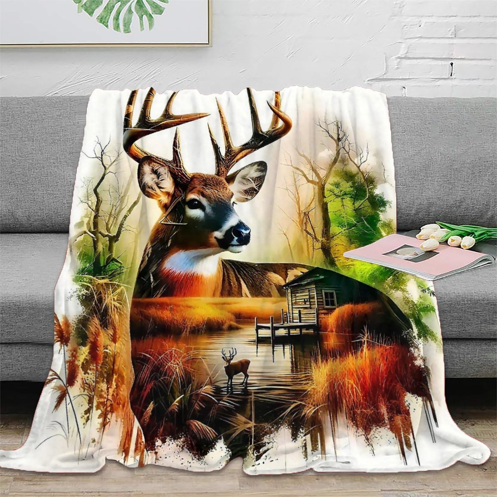 Plaid chaud cerf 3D microfibre contre le froid grand format