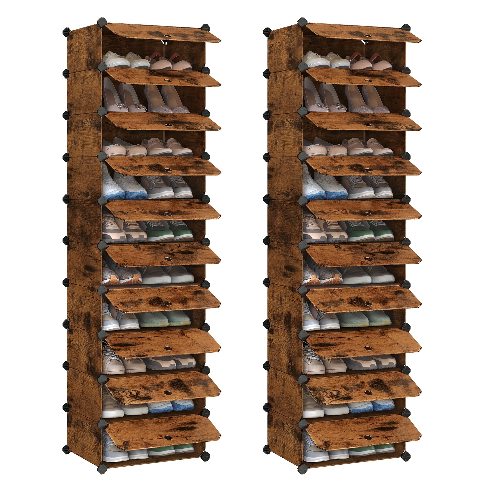 SONGMICS Schuhregal, Steckregal, Regalsystem, Schuh-Organizer, DIY-Regal, mit Tür, aus PP-Kunststoff, 10 Ebenen, 2er Set, vintagebraun LPC010A02